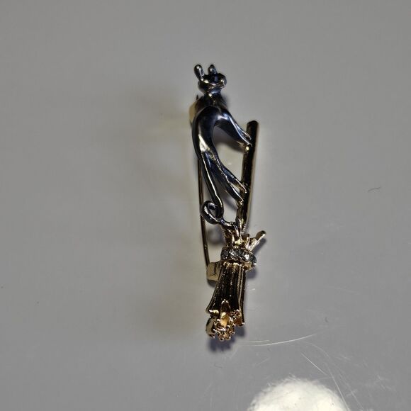 Gold Tone Crystal Gray Cat On Broom Brooch Pin Halloween Witch - Picture 8 of 9